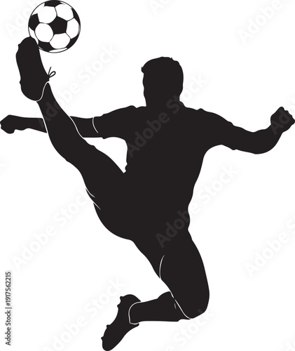 Dynamic silhouette of a soccer player performing a bicycle kick with a ball, mid-air action shot, vector illustration , Generative Ai