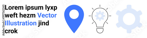 Navigation, innovation, process management, creativity, brainstorming, solutions. A blue location pin, light bulb with gear and a gear outline. Navigation and innovation concepts