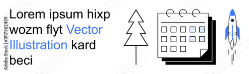 Education, productivity, planning, scheduling, design concepts, conceptual ideas. Abstract rocket, calendar and tree with placeholder text and vector design. Productivity and planning concepts