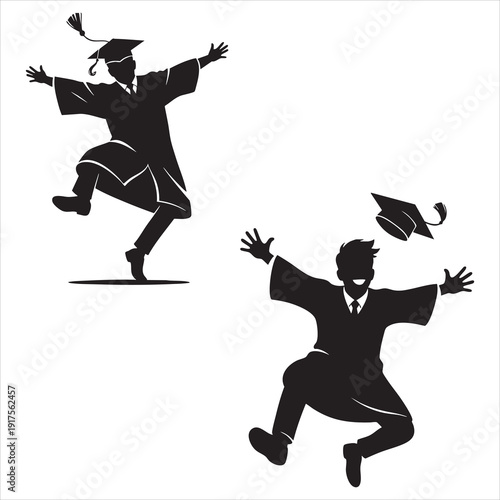 Silhouettes of graduates throwing their caps in the air, celebrating graduation.