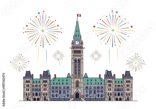 Parliament Hill Building with Fireworks Display.
