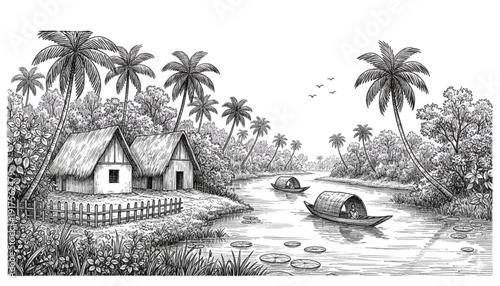 Detailed Sketch of Kerala Backwaters Village Traditional Houses Palm Trees and Boats on River Peaceful India Travel Illustration