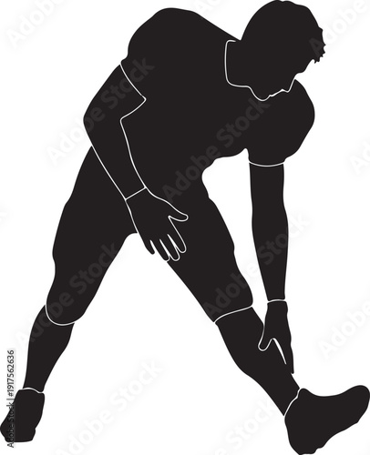 Silhouette of an American football player stretching his leg in a dynamic pose, isolated on white. , Generative Ai