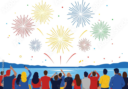 Crowd watching colorful fireworks display over water at night.