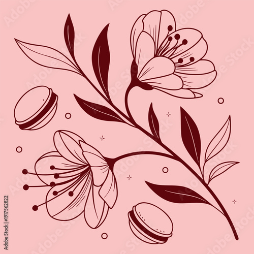 Floral Elegance and Delight: A delicate botanical illustration showcases two exquisite blooming flowers alongside meticulously crafted macarons, presented against a soft, elegant backdrop. 