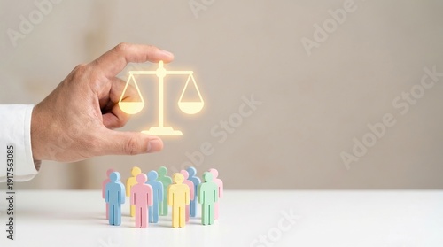 justice, law, equality, fairness, diversity, human rights, business ethics concept with a hand holding a glowing scale over colorful people figures for legal and social balance.
