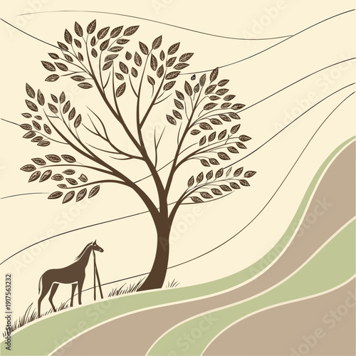 Serene Landscape Silhouette: An artistic silhouette captures a peaceful landscape, featuring a solitary tree and a horse, evoking tranquility and connection with nature.