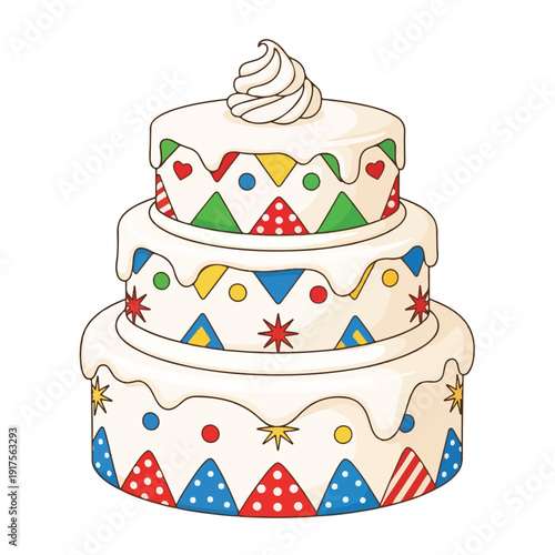 Colorful Birthday Cake with White Frosting and Party Decorations