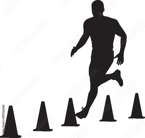 Dynamic silhouette of an athlete running through agility cones, representing speed and training. , Generative Ai