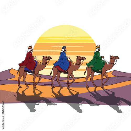 Three Wise Men Riding Camels at Sunset Desert Landscape