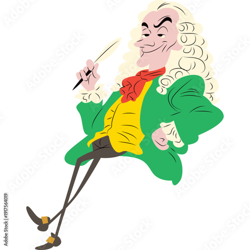 Voltaire holding a pen with sarcastic smile