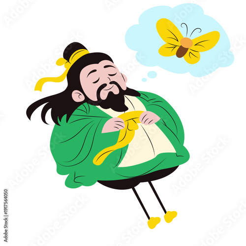 Zhuangzi dreaming of a butterfly with serene expression