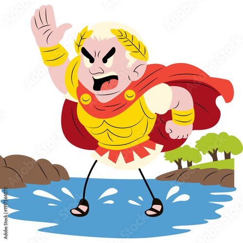 Julius Caesar raising a hand while crossing the Rubicon