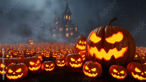 Spooky Halloween pumpkins glowing in front of haunted mansion at night