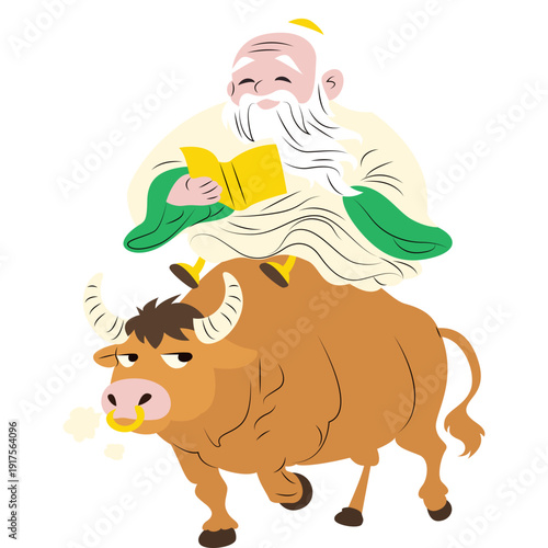 Laozi riding an ox while holding the Tao Te Ching peacefully-01