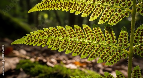 Close up of fern frond showing details of sori spores on underside