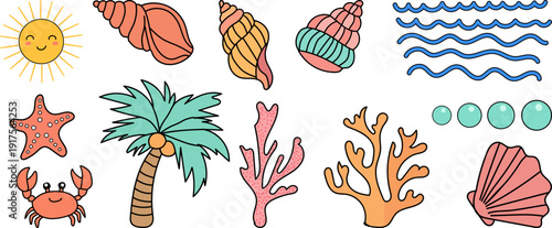 Hand drawn doodle beach For summer tropical sea elements with sun, seashells, waves, palm tree, coral, crab and starfish vector set for summer designs, t-shirts, posters, and placard prints.