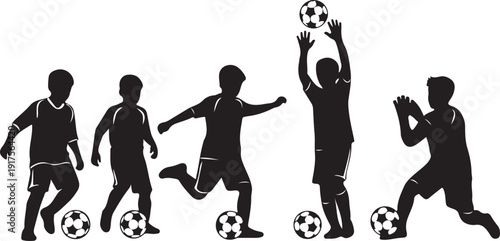 Five children in silhouette playing soccer with a ball, showcasing playful movement and youthful energy against a clean white backdrop, perfect for sports concepts. , Generative Ai