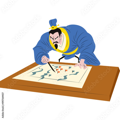 Sun Tzu analyzing battle strategy on a map