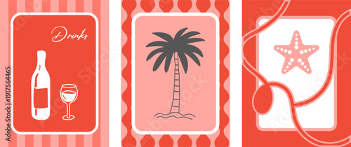 Set of summer poster in doodle naive style with wine bottle glass, palm tree and starfish frames. Minimal tropical beach theme illustration. Trendy design for cards, wall art , Poster Design