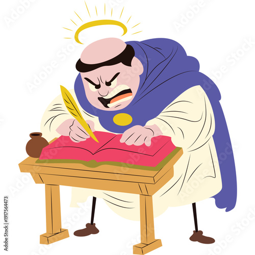 Thomas Aquinas writing Summa Theologica intensely