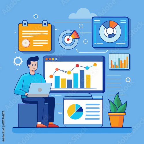 flat icons for business. Web analytics dashboard. Marketing data visualization. Statistical graphs and reports. Businessperson analyzing website traffic using a laptop computer.