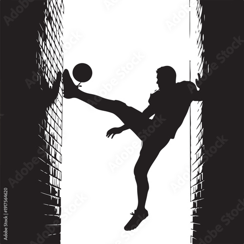 Urban soccer street art style: Silhouette of a man kicking a soccer ball against a brick wall in a narrow alleyway, creating a gritty, dynamic, and artistic sports scene. , Generative Ai