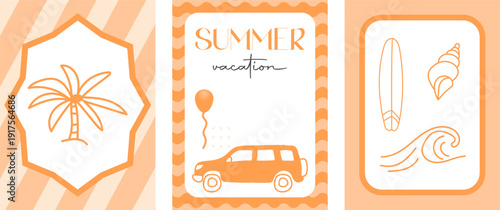 Set of summer poster in doodle naive style. Palm tree frame, summer vacation text, car with balloon, surfboard, seashell and ocean wave in orange striped background. Trendy design for cards, wall art