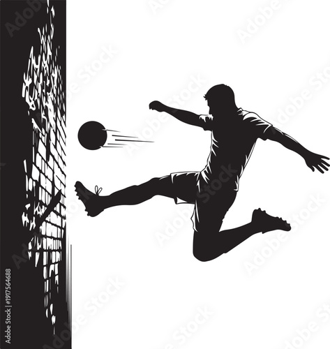 Athletic silhouette of a soccer player leaping to kick a ball against a graphic representation of a broken wall, conveying power and dramatic sports action. , Generative Ai