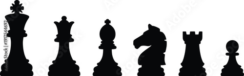 Black chess pieces silhouettes set including king, queen, bishop, knight, rook and pawn on white background, strategy board game illustration for competition concept.