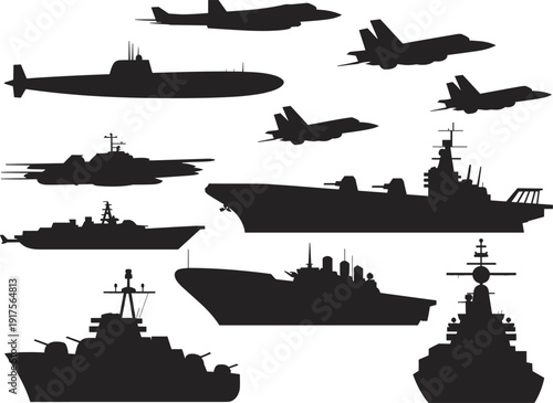 Military silhouette set with navy warships, submarine and fighter jets on white background, modern defense fleet illustration for army, aviation, marine and combat concept.