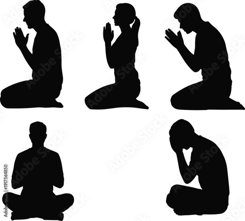 Praying and meditating people silhouette set in different poses on white background, spiritual worship and mindfulness concept, yoga meditation illustration for religion and faith design.
