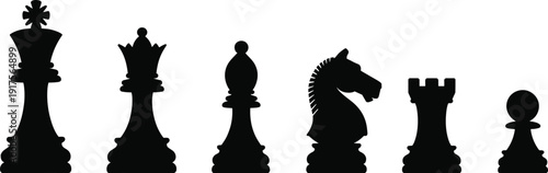 Set of black chess piece silhouettes including king, queen, bishop, knight, rook and pawn on white background, classic strategy board game illustration concept.