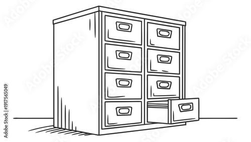 Modern office filing cabinet with open drawers illustration