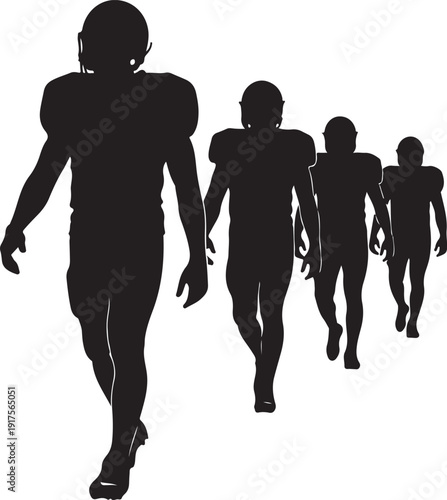 Silhouettes of American football players walking forward in formation, representing teamwork, sportsmanship, and the start of a game. , Generative Ai