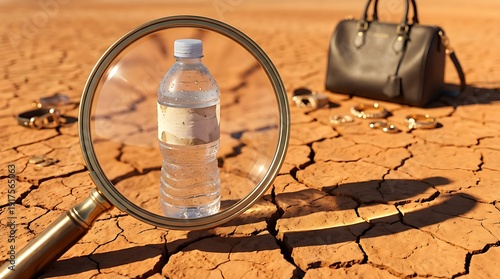 Ultra-HD magnifying glass highlighting clear water bottle with condensation on cracked desert, blurred luxury items beyond focus, harsh sunlight, strong contrast, minimal concept.