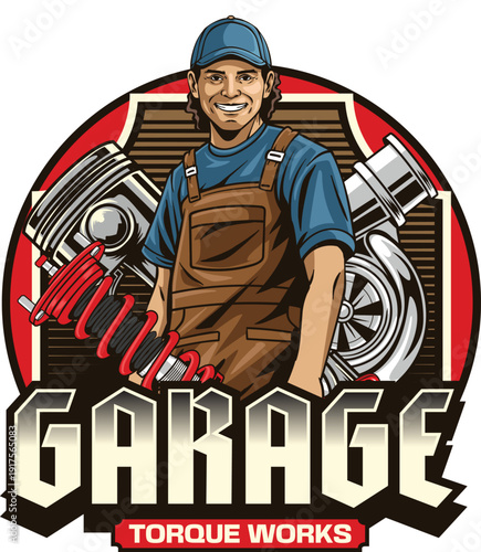 Detailed retro mascot of a male mechanic in overalls with engine pistons and turbocharger background