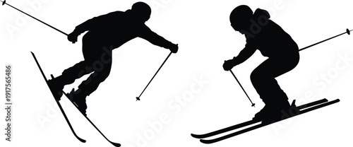 Two skier silhouettes in action poses on white background, winter sport skiing illustration, alpine downhill performance, outdoor adventure concept for snow season design.
