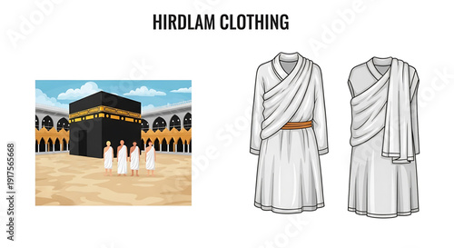 Illustrative depiction of pilgrims in traditional white Ihram clothing performing sacred rituals around the Kaaba, symbolizing the spiritual journey of Hajj or Umrah pilgrimage