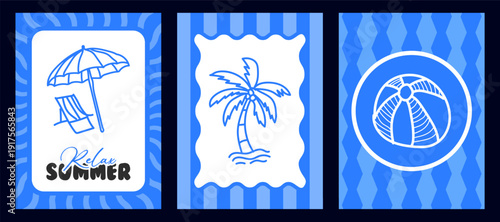 Set of summer poster in doodle naive style. Beach umbrella, lounge chair, palm tree and beach ball illustrations on blue striped background. Trendy design for cards, wall art , Poster Design
