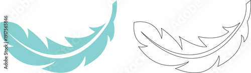 Curved feather vector icon set with solid teal silhouette and black line art outline isolated on white background