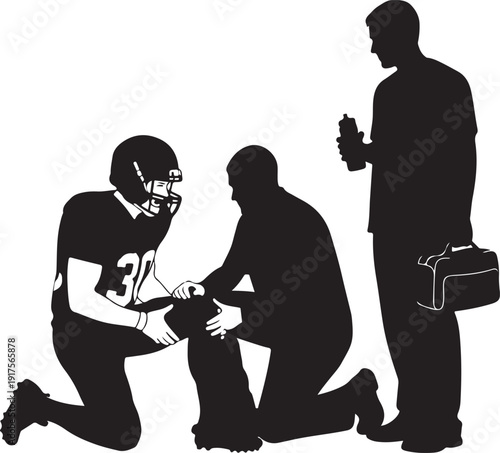 American football coach examines player's knee injury with a trainer, highlighting sports medicine and team support. , Generative Ai