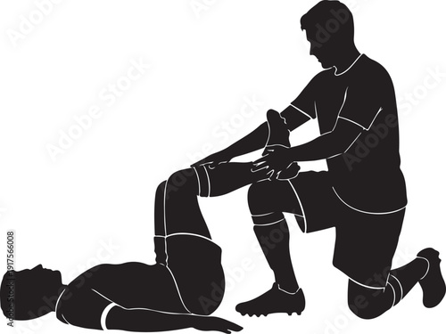 Sports trainer performs leg therapy on athlete lying down, aiding in recovery and improving muscle function after injury. , Generative Ai