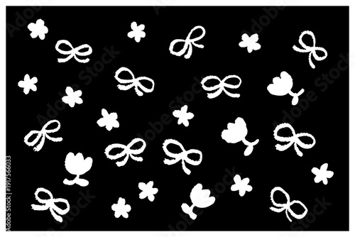 モノクロ花とリボンの手描きシームレスパターン背景 北欧風フローラル総柄デザイン