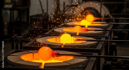 Molten glass being shaped into spheres by artisans in a traditional glassblowing workshop.