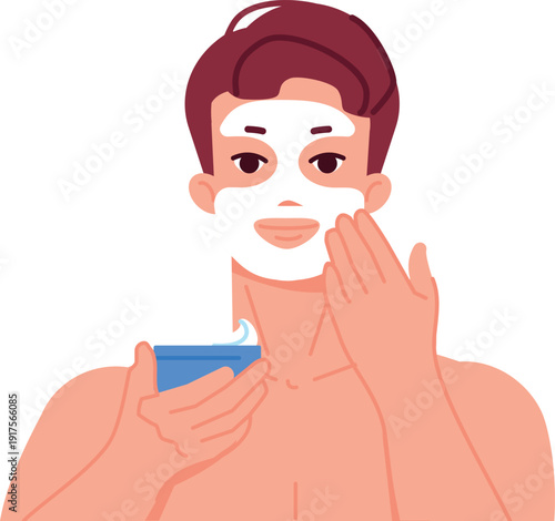Man apply face cream. Male cosmetic product mascot