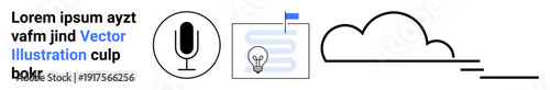 Media production, technology, cloud storage, creativity, innovation, communication. Microphone, document with a lightbulb and cloud icon in a modern minimal design. Media production and technology