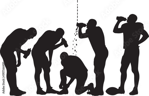 Evolution of a Football Player hydrating on the sidelines, from kneeling to standing, all in silhouette. , Generative Ai