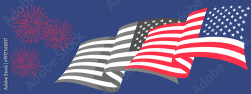 Waving American flags in vibrant colors and desaturated tones, with celebratory fireworks against a deep blue sky for patriotic freedom concept and national unity.