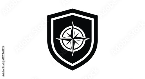 Shield emblem with compass rose navigation symbol in monochrome flat icon style, security badge logo design, minimal vector sign isolated on white background